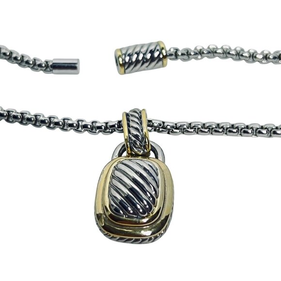 Silver & Gold Tone Rolo Chain Necklace With Hollow Rectangle Pendant (5817) - Picture 5 of 6